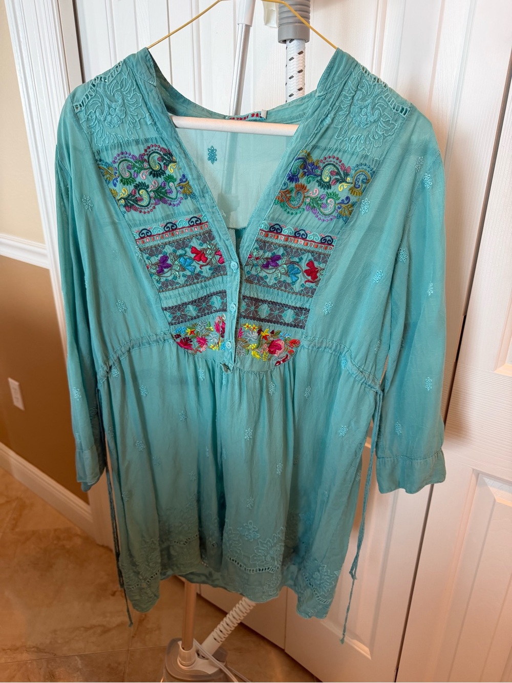 Johnny Was Teal Embroidered Boho Tunic